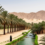 **Lush oasis in the Saudi Arabian desert:** A vibrant oasis scene with abundant date palms, traditional irrigation systems, and local people tending to the land. Capture the serenity and harmony of nature and human ingenuity.