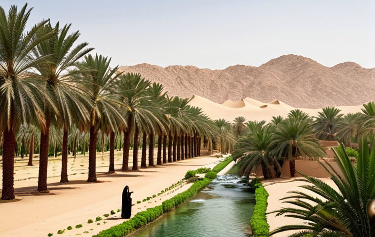 **Lush oasis in the Saudi Arabian desert:** A vibrant oasis scene with abundant date palms, traditional irrigation systems, and local people tending to the land. Capture the serenity and harmony of nature and human ingenuity.