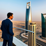 A professional architect, fully clothed in a modest business suit, stands on a high-rise observation deck, looking out over the gleaming modern Riyadh skyline at sunset. The iconic Kingdom Centre Tower with its distinctive opening and the Faisaliah Tower are prominently visible in the background, bathed in warm, golden light, emphasizing innovation and progress. The subject has perfect anatomy, correct proportions, well-formed hands, and a natural pose. This image is safe for work, appropriate content, and family-friendly, showcasing professional dress and high-quality photography.