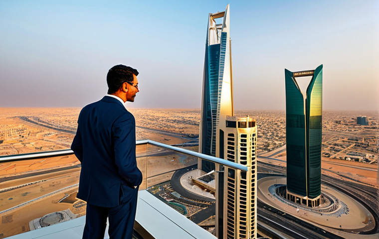 A professional architect, fully clothed in a modest business suit, stands on a high-rise observation deck, looking out over the gleaming modern Riyadh skyline at sunset. The iconic Kingdom Centre Tower with its distinctive opening and the Faisaliah Tower are prominently visible in the background, bathed in warm, golden light, emphasizing innovation and progress. The subject has perfect anatomy, correct proportions, well-formed hands, and a natural pose. This image is safe for work, appropriate content, and family-friendly, showcasing professional dress and high-quality photography.
